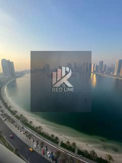 شقه فاخره بإطلاله بحريه مذهله للإيجار 3 غرف وصاله بالشارقه ( الممزر )