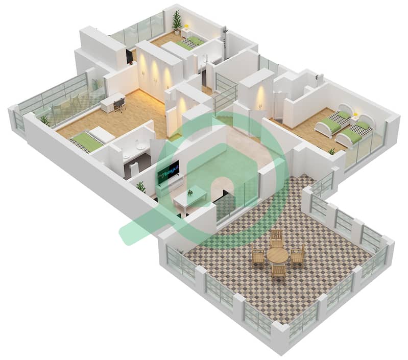 المخططات الطابقية لتصميم النموذج A فیلا 4 غرف نوم - فلل ند الشبا Type A Floor First interactive3D