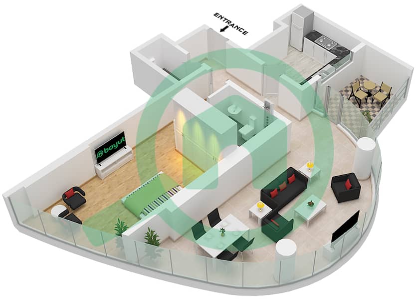 Al Yousuf Tower 1 - 1 Bedroom Apartment Type 8 Floor plan Type 8 interactive3D