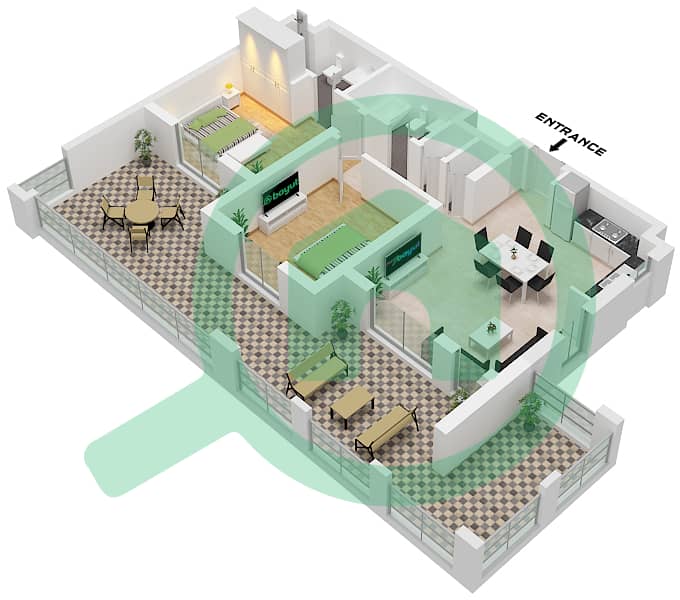 纳西姆公寓 - 2 卧室公寓类型／单位2C1-9 / UNIT 08 FLOOR 1戶型图 Type 2C1-9 Unit 08 Floor 1 interactive3D