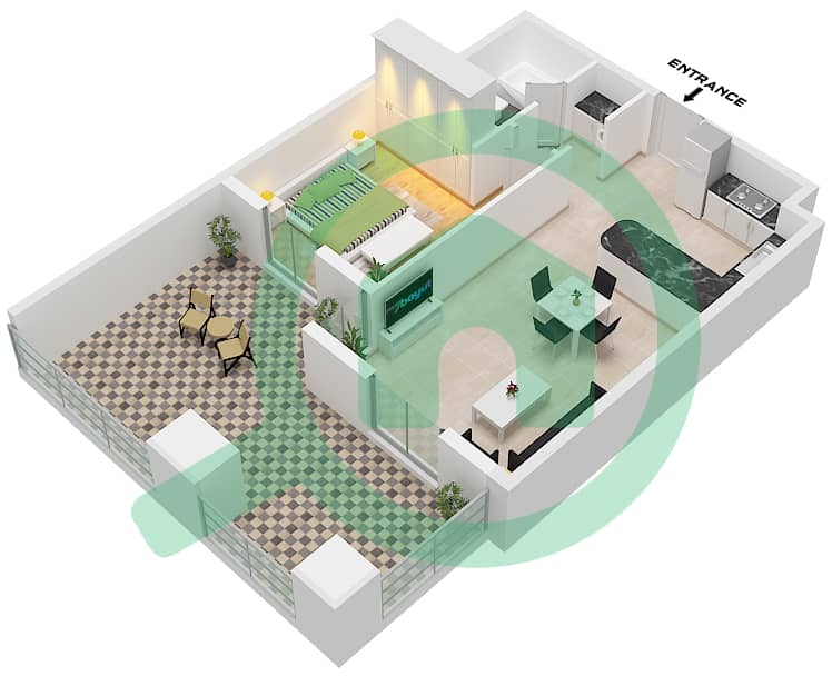 المخططات الطابقية لتصميم النموذج A شقة 1 غرفة نوم - الرمث 26 Type A interactive3D