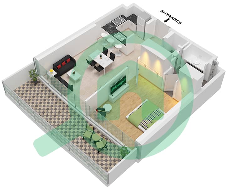 DAMAC 海湾大厦 B 座 - 1 卧室公寓类型9戶型图 Type 9 interactive3D