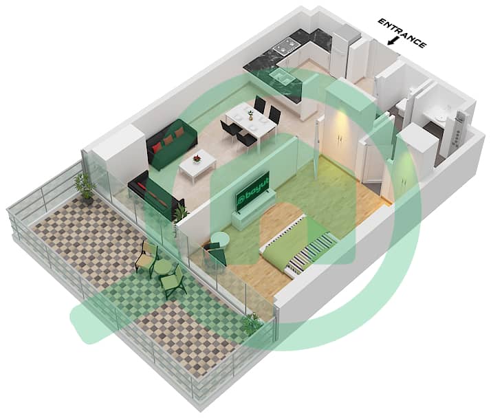 DAMAC 海湾大厦 B 座 - 1 卧室公寓类型A戶型图 Type A interactive3D