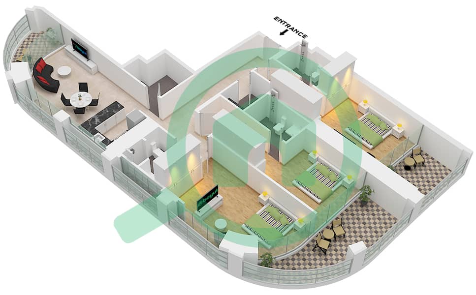 المخططات الطابقية لتصميم النموذج 02 شقة 3 غرف نوم - بن غاطي سكاي رايز برج A Type 02 interactive3D