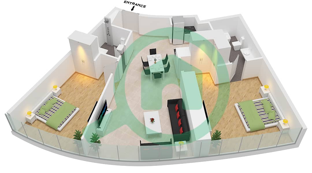 Ciel Tower - Plano de planta de 2 habitaciones Apartamento Unidad 2 FLOOR 54-72 Unit 2 Floor 54-72 interactive3D