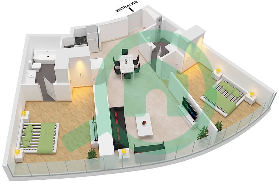 Unit 13 Floor 54-72 Ciel Tower - Grundriss für 2 Schlafzimmer Wohnung Einheit 13 FLOOR 54-72 Unit 13 Floor 54-72 interactive3D