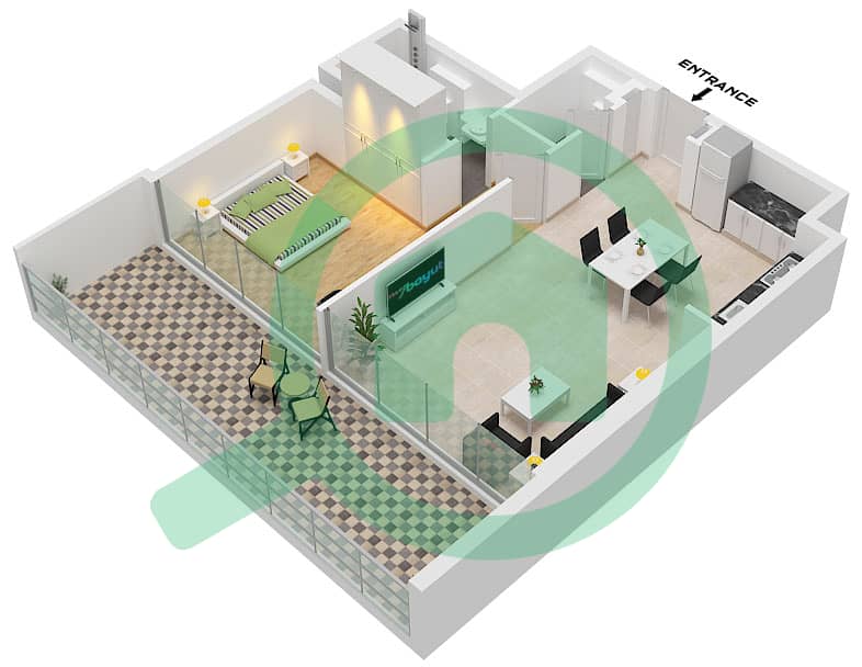 المخططات الطابقية لتصميم النموذج 8 شقة 1 غرفة نوم - بن غاطي جوست Type 8 interactive3D