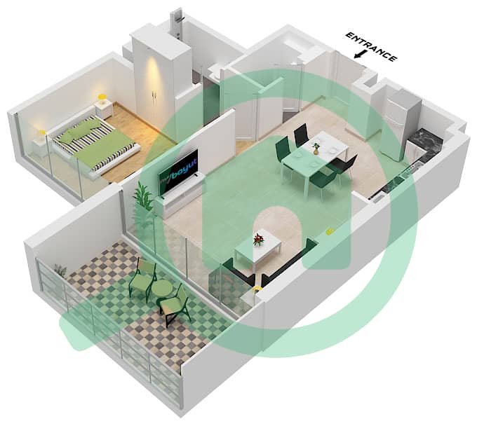 المخططات الطابقية لتصميم النموذج 9 شقة 1 غرفة نوم - بن غاطي جوست Type 9 interactive3D