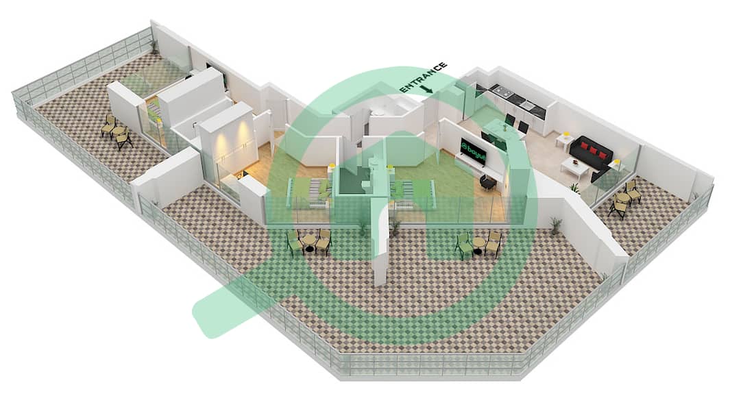 Binghatti Ghost - 3 卧室公寓类型1戶型图 Type 1 interactive3D