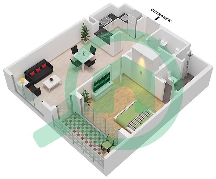 巅峰大厦C座 - 1 卧室公寓类型／单位A / UNIT 12 FLOOR 7-12戶型图 Type A Unit 12 Floor 7-12 interactive3D