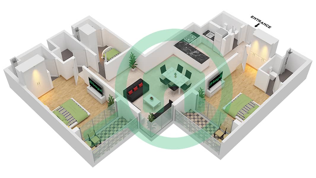 巅峰大厦C座 - 2 卧室公寓类型／单位D / UNIT 10 FLOOR 7-12戶型图 Type D Unit 10 Floor 7-12 Variant 1 interactive3D