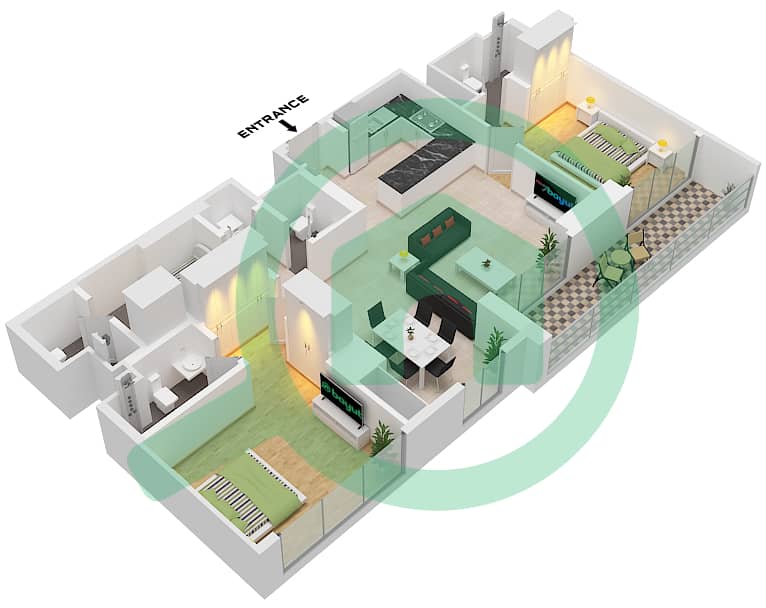 巅峰大厦C座 - 2 卧室公寓类型／单位J / UNIT 7 FLOOR 7-12戶型图 Type J Unit 7 Floor 7-12 Variant 1 interactive3D