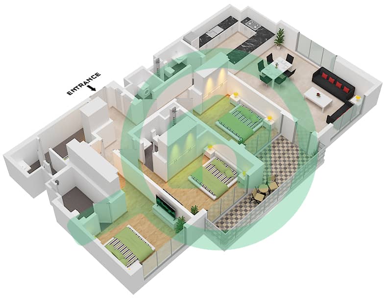 المخططات الطابقية لتصميم النموذج / الوحدة A/UNIT 2 FLOOR 7-12,15-22 شقة 3 غرف نوم - برج ذا كريست C Type A Unit 2 Floor 7-12,15-22,24-41 interactive3D