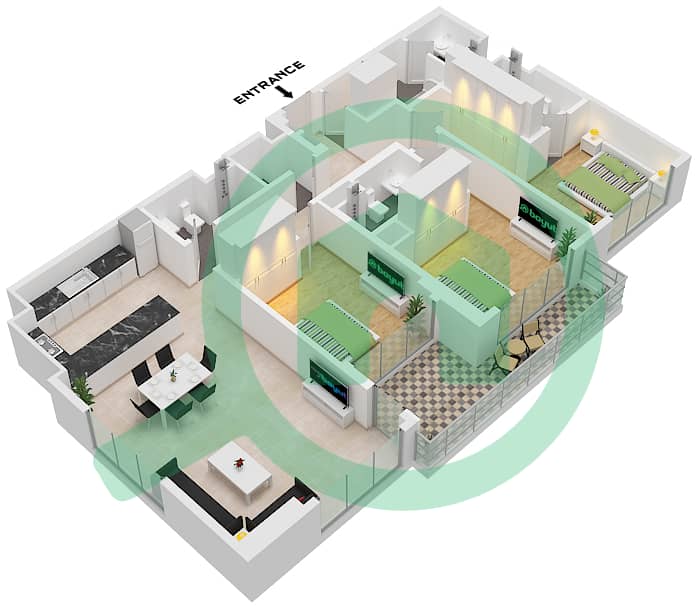 巅峰大厦C座 - 3 卧室公寓类型／单位A/UNIT 4 FLOOR 7-12,15-22戶型图 Type A Unit 4 Floor 7-12,15-22,24-41 Variant 3 interactive3D