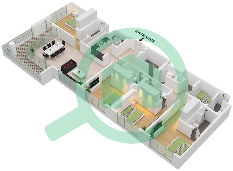 巅峰大厦C座 - 4 卧室公寓类型／单位B / UNIT 9 FLOOR 7-12戶型图 Type B Unit 9 Floor 7-12 Variant 1 interactive3D