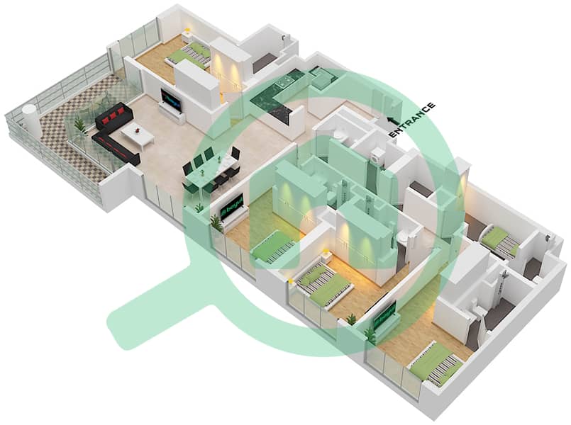 巅峰大厦C座 - 4 卧室公寓类型／单位C/UNIT 9 FLOOR 7-12,15-22戶型图 Type C Unit 9 Floor 7-12,15-22,24-41 Variant 1 interactive3D