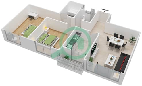 المخططات الطابقية لتصميم النموذج A2 شقة 2 غرفة نوم - أبراج اللوز