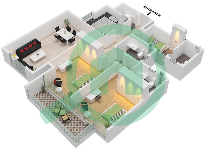 法拉蒂斯大厦 - 2 卧室公寓类型A戶型图 Type A interactive3D