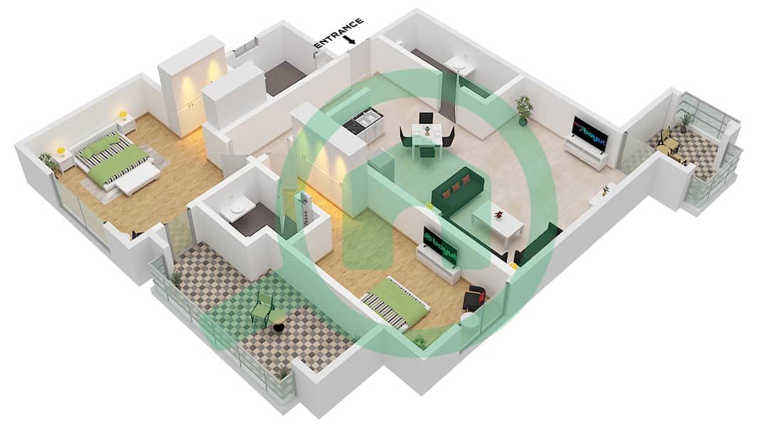 Ajman Creek Towers - 2 Bedroom Apartment Unit 14 Floor plan Unit 14 interactive3D