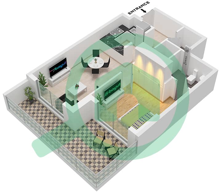 百合大厦 - 1 卧室公寓单位1 FLOOR 1戶型图 Unit	1 Floor 1 interactive3D