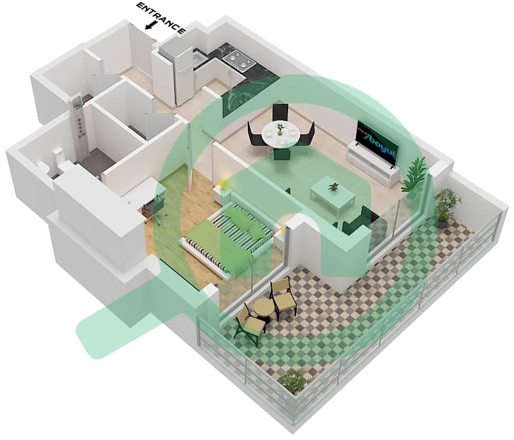 百合大厦 - 1 卧室公寓单位2 FLOOR 1戶型图 Unit interactive3D