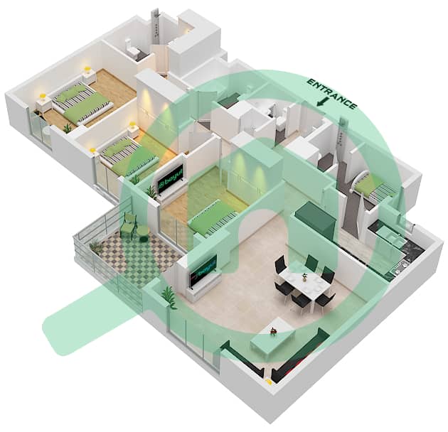 Crystal Residences Tower B - 3 卧室公寓类型／单位3A-4/UNIT 4,5 FLOOR 4-12戶型图 Type 3A-4 Unit 5 Floor 4-11
Unit 4 Floor 12 interactive3D