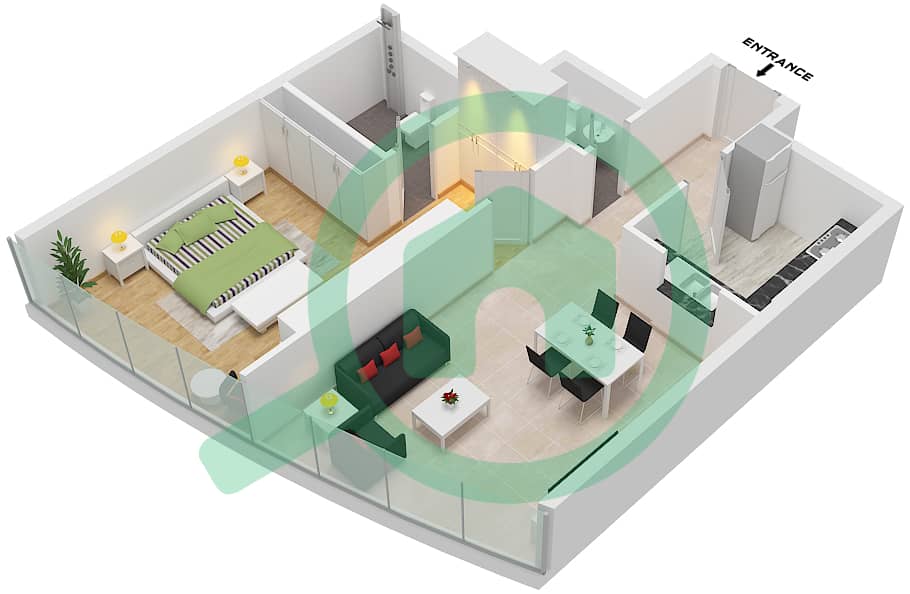Al Yousuf Tower 2 - 1 Bedroom Apartment Type A Floor plan Type A interactive3D