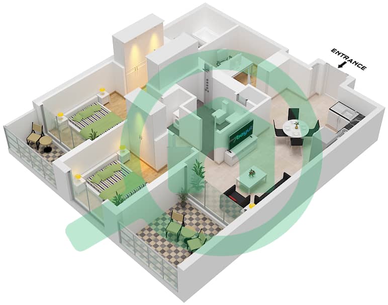 المخططات الطابقية لتصميم النموذج C شقة 2 غرفة نوم - أيكون سيتي تاور C Type C interactive3D
