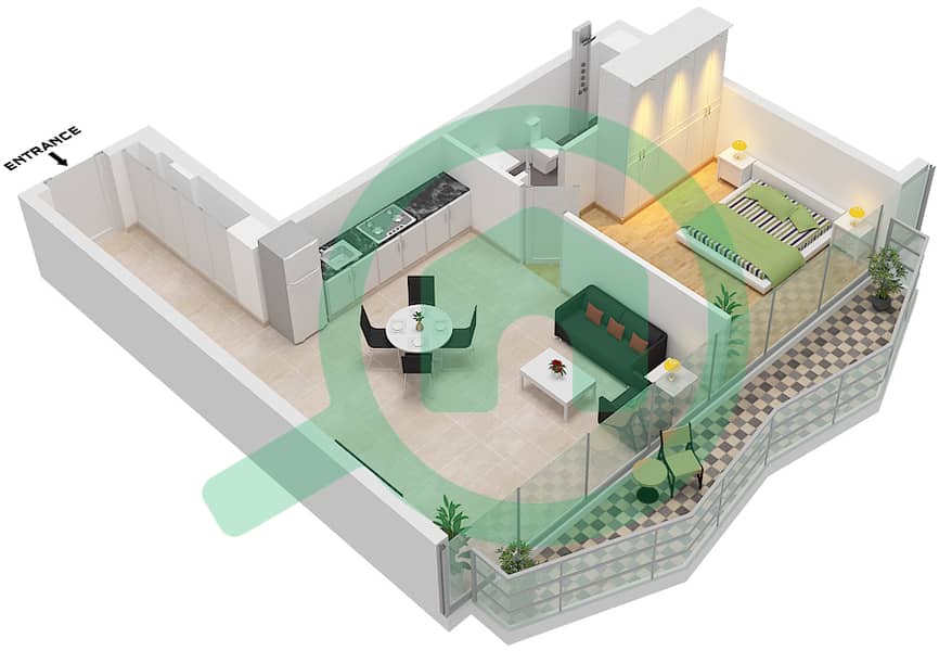 المخططات الطابقية لتصميم النموذج B شقة 1 غرفة نوم - بنينسولا وان Type B interactive3D