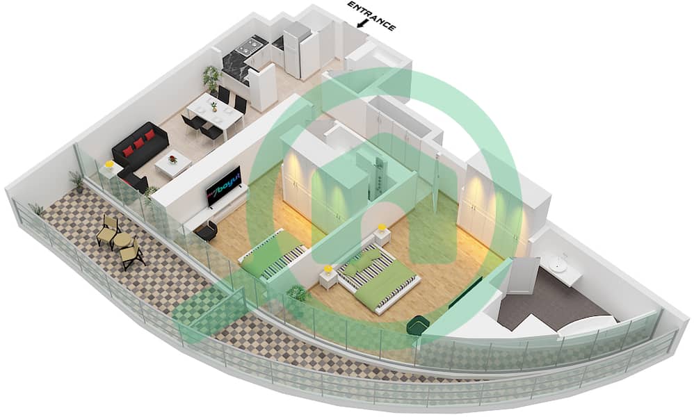 المخططات الطابقية لتصميم النموذج 01 شقة 2 غرفة نوم - بن غاطي اكوارايز Type 01 interactive3D