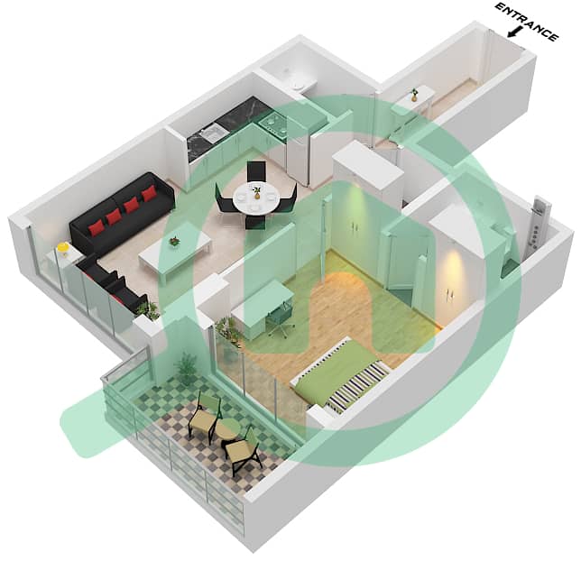 المخططات الطابقية لتصميم النموذج / الوحدة D / UNIT 16 FLOOR 1-13 شقة 1 غرفة نوم - فيردانيا 1 Type D Unit 16 Floor 1-13 interactive3D