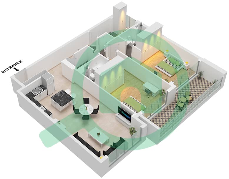 المخططات الطابقية لتصميم النموذج / الوحدة B / UNIT 04 FLOOR 1-13 شقة 2 غرفة نوم - فيردانيا 1 Type B Unit 04 Floor 1-13 interactive3D