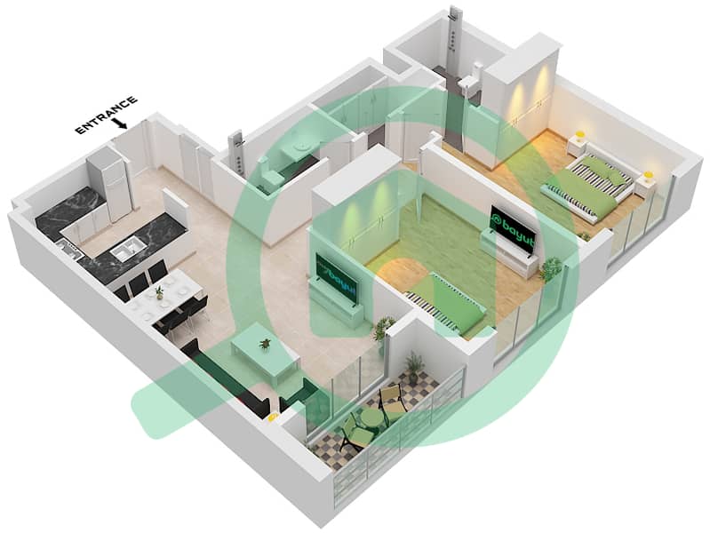 One by Nine - 2 卧室公寓类型／单位ST 3 / UNIT 6 FLOOR 5戶型图 Type ST 3 Unit 6 Floor 5 interactive3D