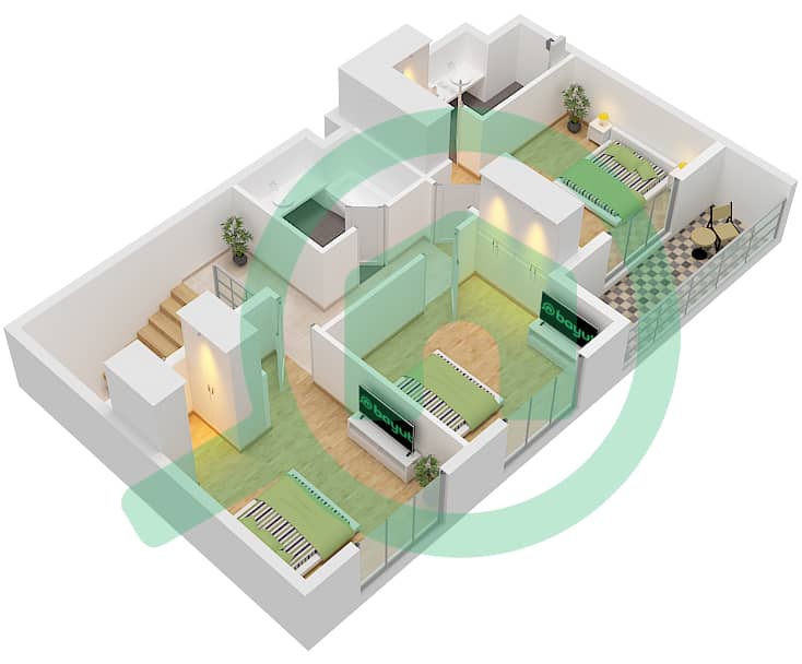 水晶公寓 - 3 卧室联排别墅类型／单位3TH-1 / UNIT 2, FLOOR 1.2戶型图 Type 3Th-1 Unit 2, Upper Floor 2 interactive3D