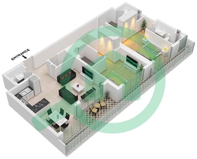 المخططات الطابقية لتصميم النموذج M شقة 2 غرفة نوم - شوبا وان برج E