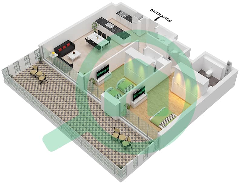 المخططات الطابقية لتصميم الوحدة 2,6 FLOOR GROUND شقة 2 غرفة نوم - ريزيدنسز 12 Unit 2,6 Floor Ground interactive3D