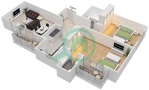 المخططات الطابقية لتصميم النموذج A شقة 2 غرفة نوم - جرين فيو 2
