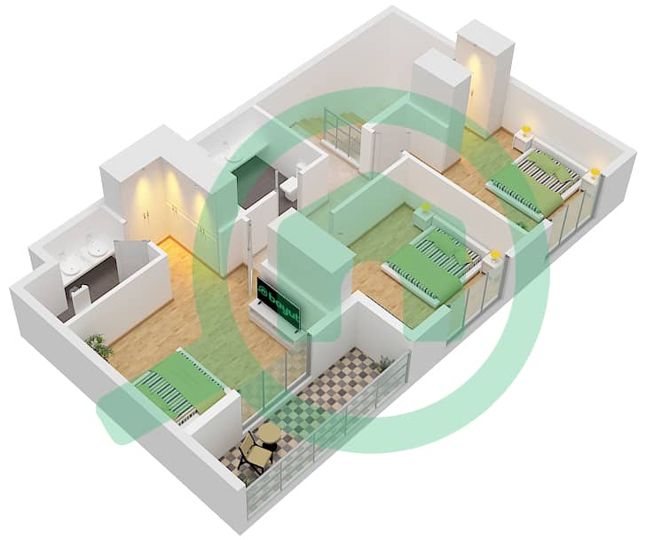 水晶公寓 - 3 卧室联排别墅类型／单位3TH-4 / UNIT 9 FLOOR 1,2戶型图 Type 3Th-4 Unit 9, Upper Floor 2 interactive3D