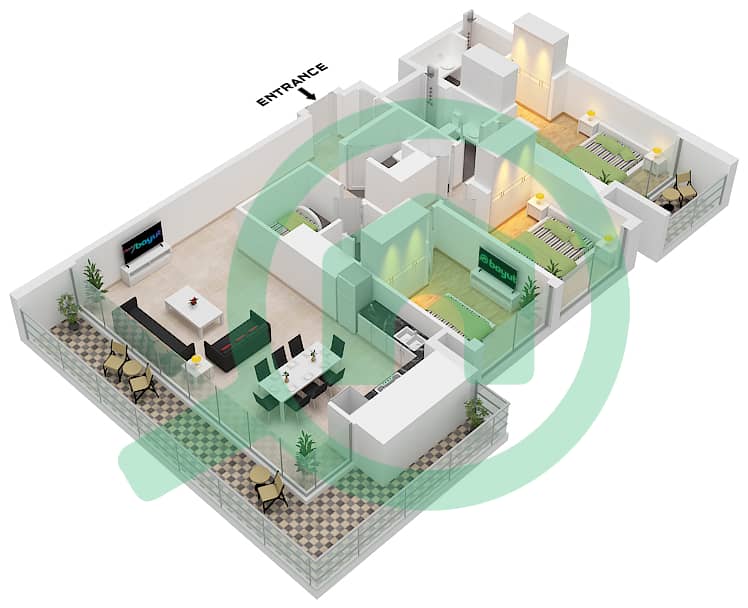 Palace Residences Creek Blue - 3 卧室公寓单位9 FLOOR 2-23,35-50戶型图 Unit 9 Floor 2-23,35-50 interactive3D