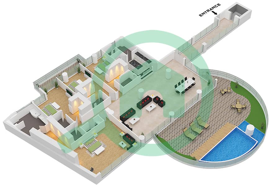 المخططات الطابقية لتصميم النموذج 5B شقة 4 غرف نوم - كافالي كوتور Type 5B interactive3D