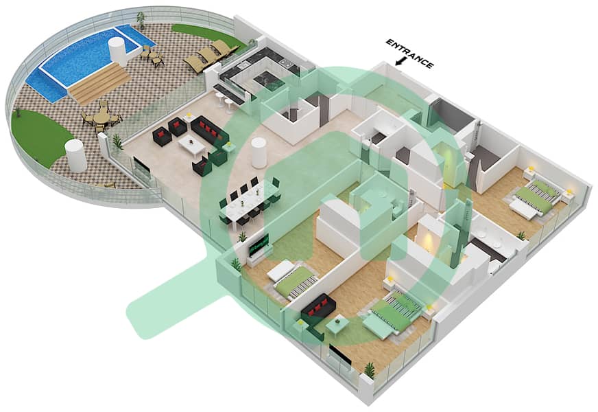 المخططات الطابقية لتصميم النموذج 1B شقة 3 غرف نوم - كافالي كوتور Type 1B interactive3D