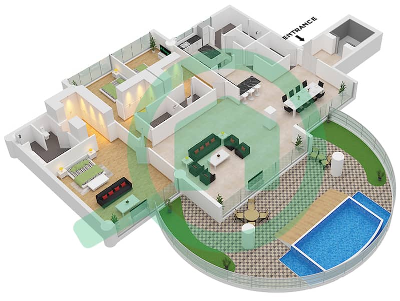 المخططات الطابقية لتصميم النموذج 4A شقة 3 غرف نوم - كافالي كوتور Type 4A interactive3D