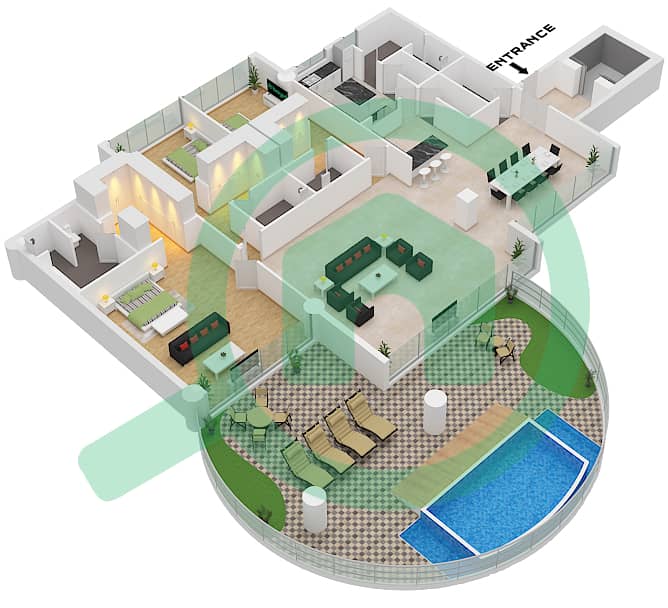 المخططات الطابقية لتصميم النموذج 4B شقة 3 غرف نوم - كافالي كوتور Type 4B interactive3D