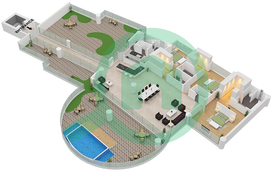 المخططات الطابقية لتصميم النموذج 5A شقة 3 غرف نوم - كافالي كوتور Type 5A interactive3D
