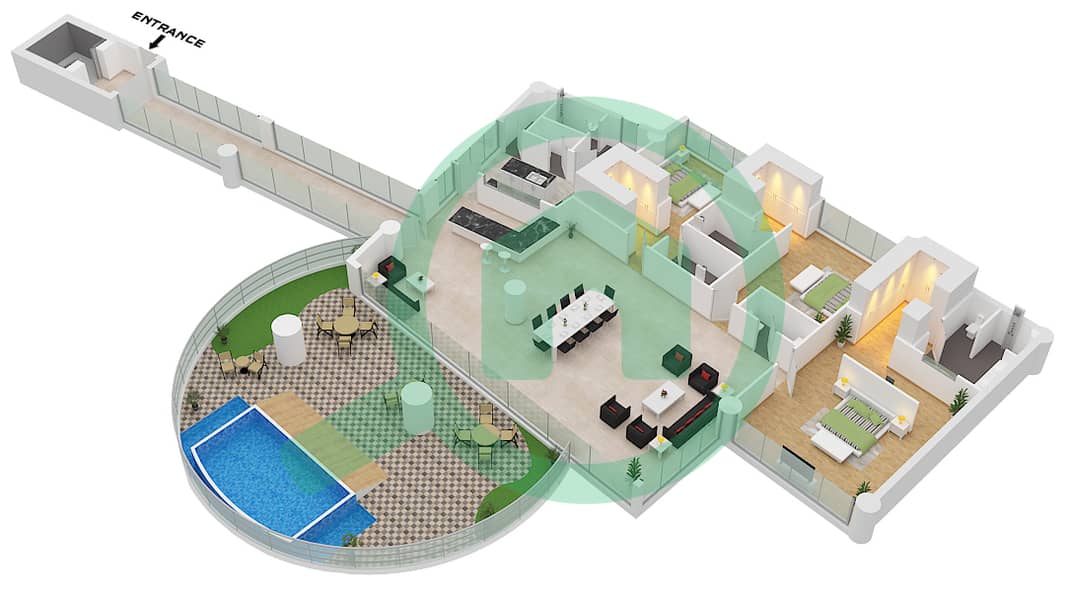 المخططات الطابقية لتصميم النموذج 5B شقة 3 غرف نوم - كافالي كوتور Type 5B interactive3D