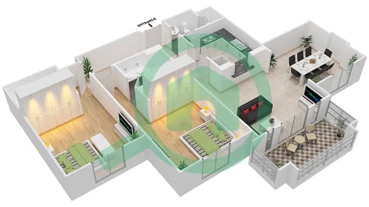 المخططات الطابقية لتصميم الوحدة 1 / FLOOR 1 شقة 2 غرفة نوم - کمون 1