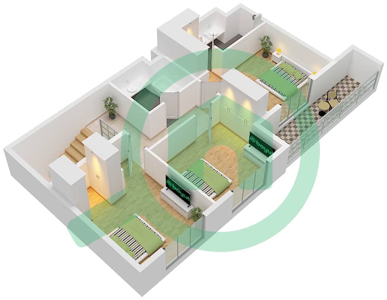 水晶公寓 - 3 卧室联排别墅类型／单位3TH-2 / UNIT 4 FLOOR 1,2戶型图 Type 3Th-2 Unit 4, Upper Floor 2 interactive3D