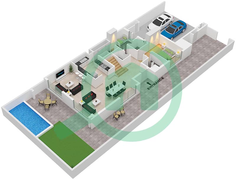Paradise Hills - Grundriss für 4 Schlafzimmer Reihenhaus Typ A4 / UNIT END Type A4 Unit End Floor Ground interactive3D