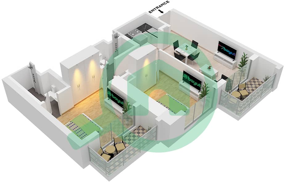 المخططات الطابقية لتصميم النموذج / الوحدة B / UNIT 03 شقة 2 غرفة نوم - 310 ريفرسايد كريسنت Type B Unit 03, Floor 9-21, 26-38 interactive3D