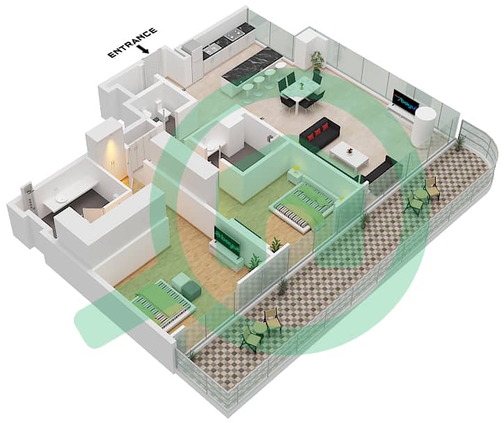 Serenia Living Tower 1 - 2 Bedroom Apartment Type 1-A Floor plan Type 1-A Floor-2,4,6,8,10,12,14 interactive3D